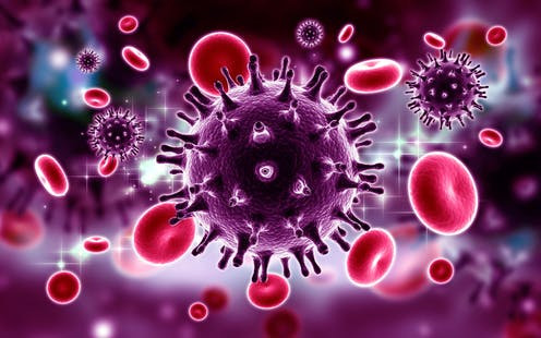 Graphical image of HIV surrounded by red blood cells