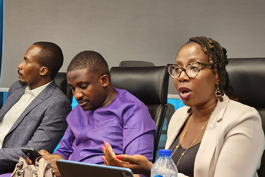 People sat in leather office chairs at laptops and having a discussion.