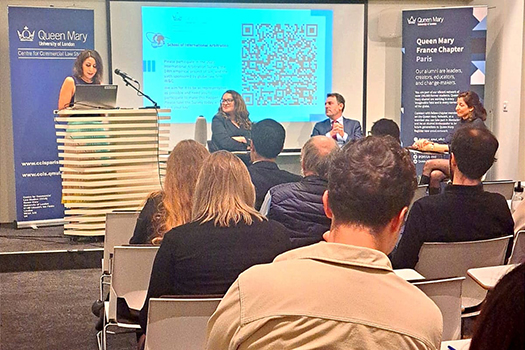 A an alumna giving a talk at the France Chapter event in Paris.