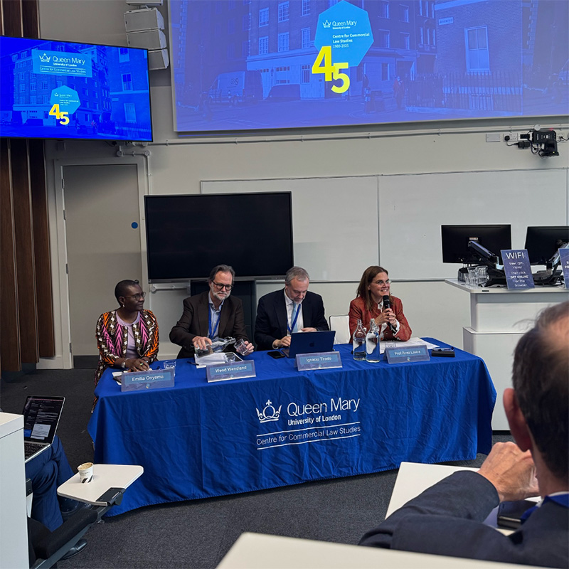 Professor Emilia Onyema, Professor Wend Wendland, Professor Ignacio Tirado and Professor Rosa Lastra sat at the front of the Peston Lecture Theatre.
