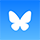 The Bluesky butterfly in white against a blue background.