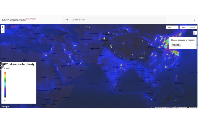 A map of the world showing nitrogen dioxide