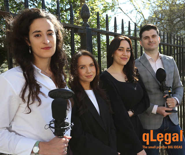 Left to right: Manuela Motta Zini, Alisa Ainonen, Renata Julieta Herrera Garcia, and Nikola Duper standing at the gates of Lincoln's Inn Fields with microphones.