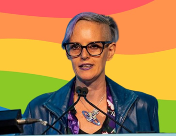 A picture of Prof. Chloe Orkin against a rainbow background