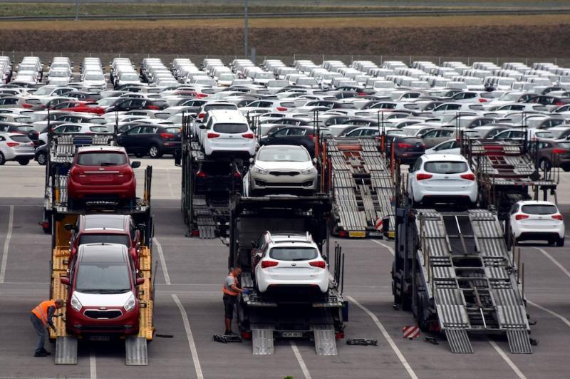 New Kia cars parked outside the Kia factory in Žilina, Slovakia