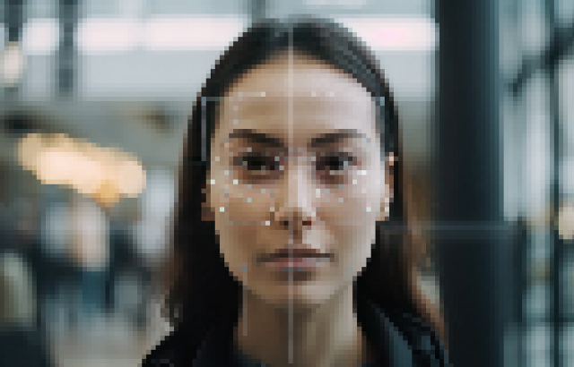 A woman looking into a screen with dots mapping her face,