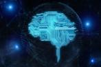 A graphic of an electric blue circuit in the shape of a brain encased in the outline of the globe.