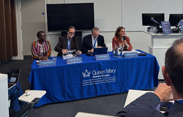 Professor Emilia Onyema, Professor Wend Wendland, Professor Ignacio Tirado and Professor Rosa Lastra sat at the front of the Peston Lecture Theatre.