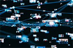A bunch of screens of people going about their lives all connected by dotted lines as if they were under surveillance.