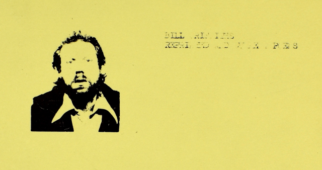 Closeup of black and white photograph of a man printed on yellow paper with faint typewritten title next to it