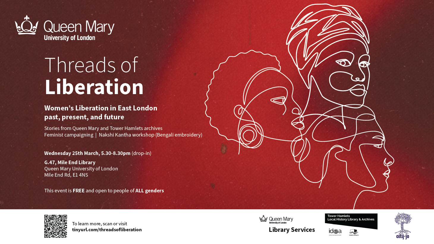 A white single-line drawing of three women's heads, on a deep red background. Advertising the Threads of Liberation event