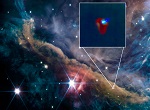JWST image of the Orion Nebula and zoom with on the proto-planetary system d203-506. Credits: background image NASA/ESA/CSA/S. Fuenmayor/PDRs4All Zoom in: I. Schroetter/O. Berné/PDRs4All