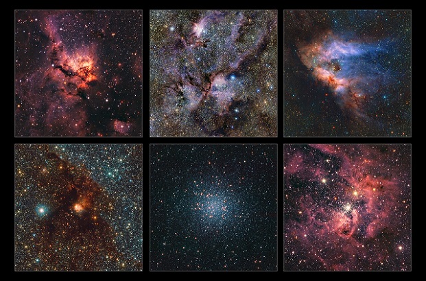 This collage highlights a small selection of regions of the Milky Way imaged as part of the most detailed infrared map ever of our galaxy. Here we see, from left to right and top to bottom: NGC 3576, NGC 6357, Messier 17, NGC 6188, Messier 22 and NGC 3603. All of them are clouds of gas and dust where stars are forming, except Messier 22, which is a very dense group of old stars. The images were captured with ESO's Visible and Infrared Survey Telescope for Astronomy (VISTA) and its infrared camera VIRCAM. The gigantic map to which these images belong contains 1.5 billion objects. The data were gathered over the course of 13 years as part of the VISTA Variables in the Vía Láctea (VVV) survey and its companion project, the VVV eXtended survey (VVVX). Credit: ESO/VVVX survey