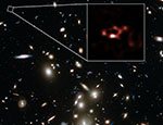 Spectacular view of the rich galaxy cluster Abell 2744 with A2744_YD4 highlighted (c) ALMA (ESO/NAOJ/NRAO), NASA, ESA, ESO and D. Coe (STScI)/J. Merten (Heidelberg/Bologna)