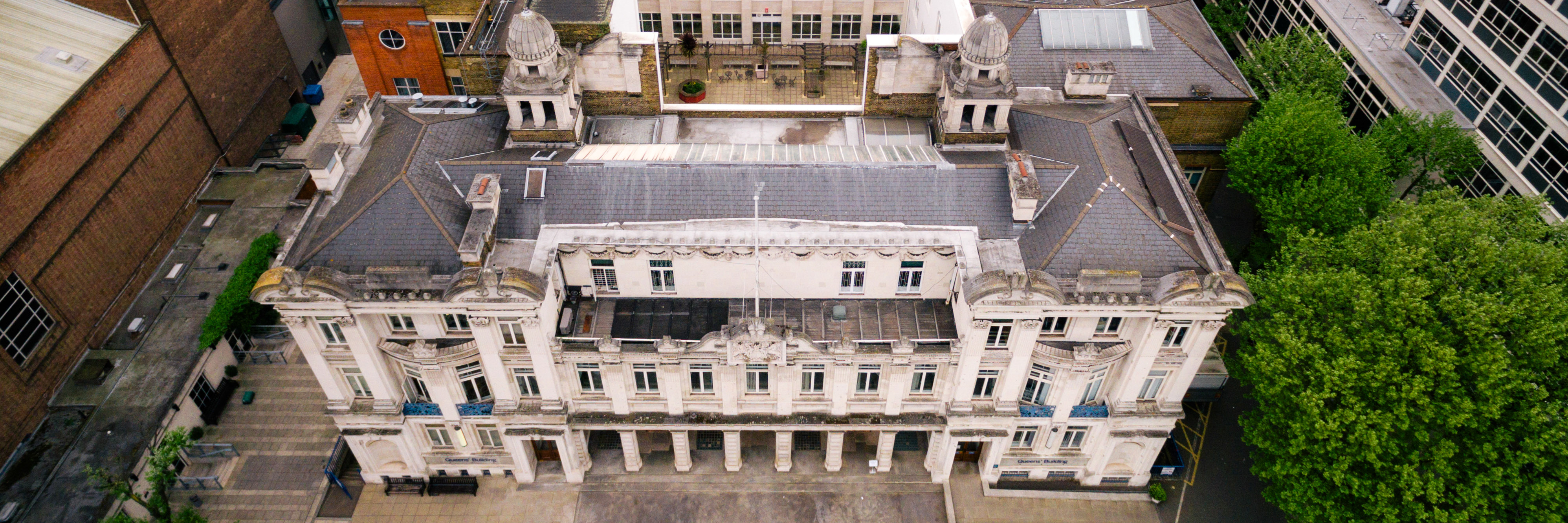 An aerial view of the Queen's Building, Queen Mary University of London