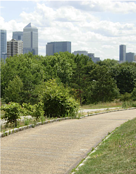 A photo of a park lane with a London skyline in the back.