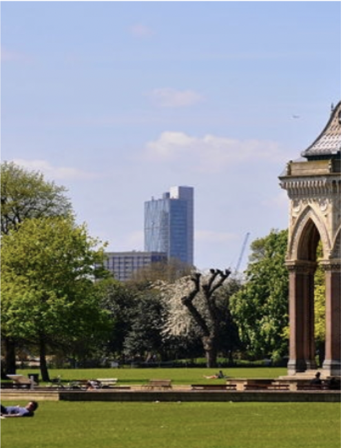 A photo of a pagoda in a park.
