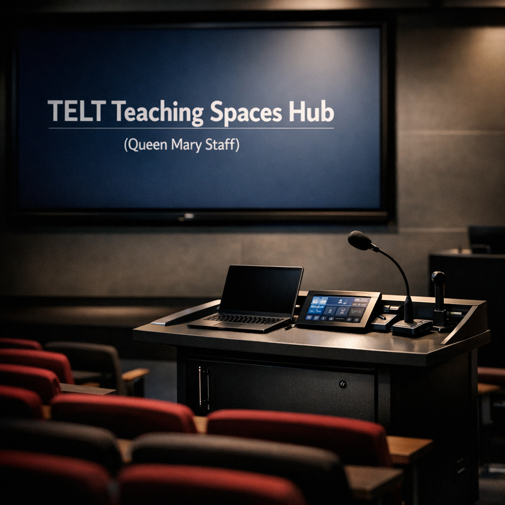 TELT Teaching Spaces Hub on a screen at the front of a lecture theatre. Empty.