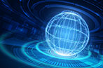 A blue orb made up of interconnecting lines radiating waves outwards.